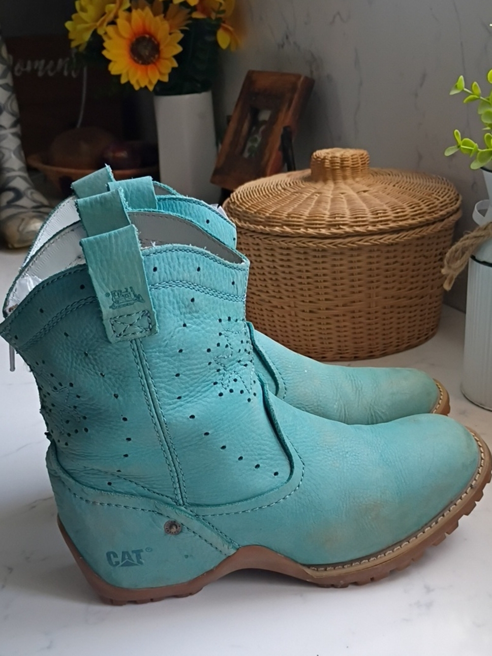 Caterpillar Teal Leather Ankle Booties